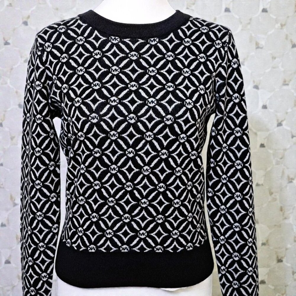 Michael Kors Size Medium (10-12) Black and Grey Logo Jacquard Sweater NW